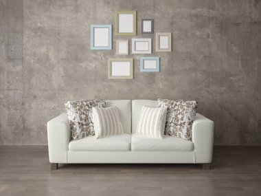 Rahat bir kompakt kanepe ve trendy hipster arka plan ile modern bir oturma odası kadar alay.