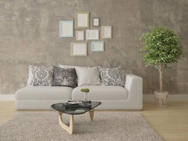 Hafif bir kompakt kanepe ve büyük bir şık saksı ile modern bir tarz oturma odasında alay.