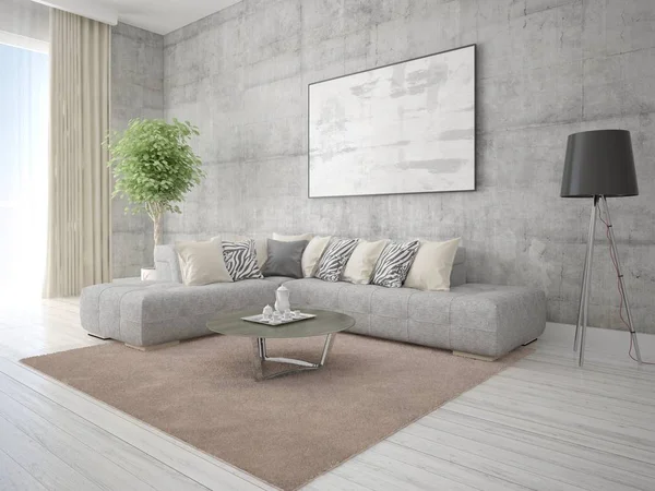 Mock Stylish Living Room Gray Corner Sofa Large Flowerpot — Stock Photo, Image