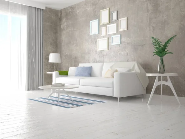 Mock up a perfect living room with a light compact sofa and a trendy hipster background.