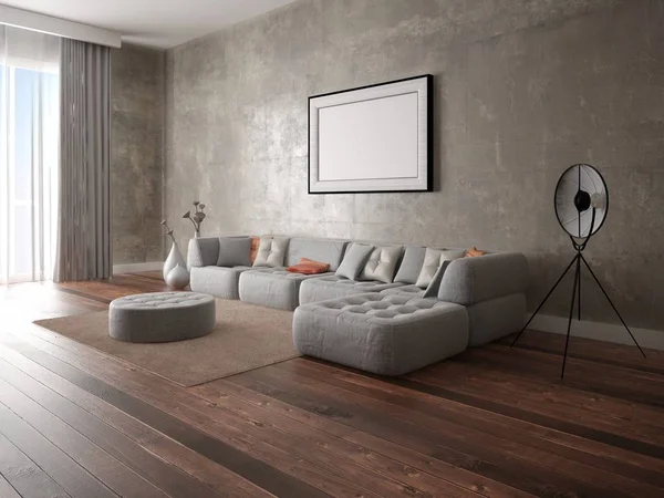 Vysmívat Moderní Obývací Pokoj Velkou Pohodlnou Pohovku Zajímavý Interiér — Stock fotografie