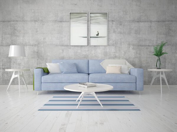 Mock up a compact living room with a comfortable sofa and a trendy hipster background.