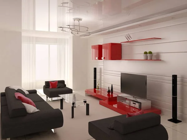 Modern living room with functional furniture and fashionable interior in the style of hi-tech.