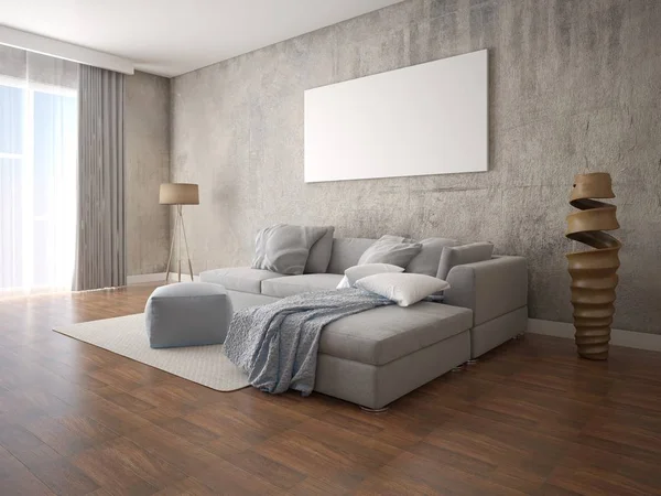 Simular Una Moderna Sala Estar Con Gran Sofá Esquina Gris — Foto de Stock