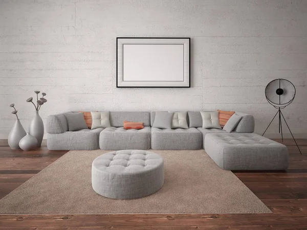 Mock Uma Sala Estar Elegante Com Sofá Confortável Canto Fundo — Fotografia de Stock