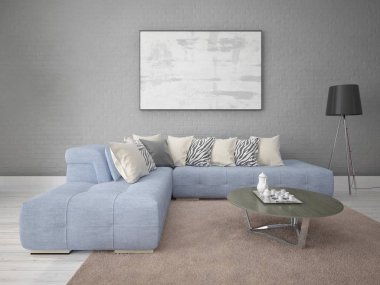 Bir rahat köşe kanepe ve modaya uygun modern arka plan ile şık bir oturma odası kadar alay.