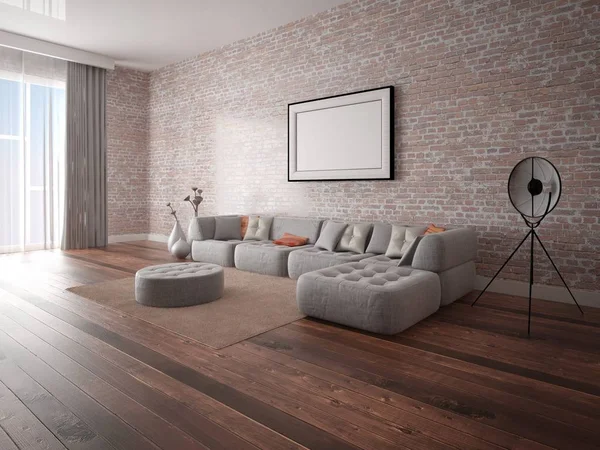 Vysmívat Dokonalý Obývací Pokoj Moderní Rohová Pohovka Elegantní Cihlová Zeď — Stock fotografie