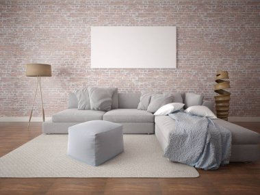 Büyük bir rahat kanepe ve özgün bir arka plan ile moda oturma odası kadar alay.