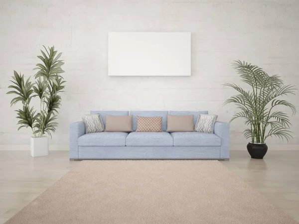 Mock up bright living room with an aesthetic quality sofa and bright hipster backdrop.