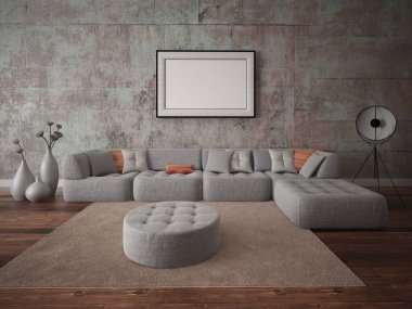 Modern oturma odası ile bir büyük köşe kanepe ve trendy hipster zemin kadar alay.