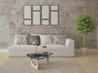 Kompakt bir kanepe ve bir şık hipster fon ile aydınlık oturma odası kadar alay.