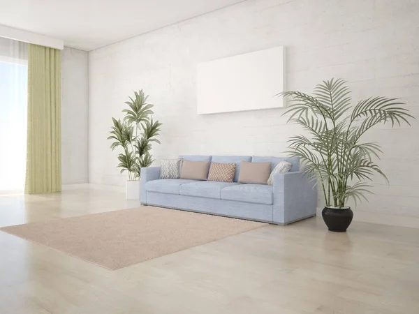 Mock up bright living room with a sofa in a modern style with a bright hipster backdrop.