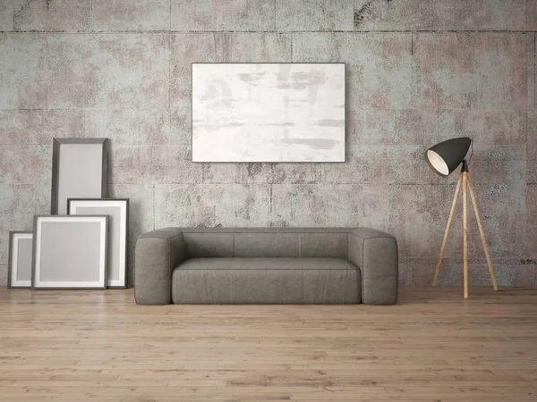 Mock Fashionable Living Room Comfortable Soft Sofa Stylish Hipster Backdrop — Stock Photo, Image