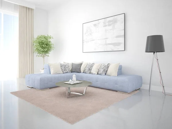 Ein Geräumiges Wohnzimmer Mit Kreativem Ecksofa Und Hellem Hipster Hintergrund — Stockfoto