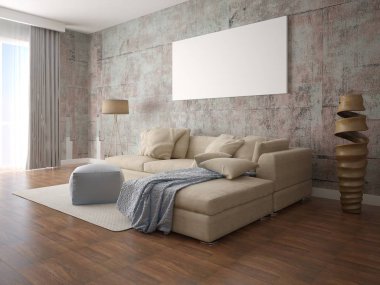 Aydınlık oturma odası rahat bir bej kanepe ve özgün bir hipster zemin ile alay.