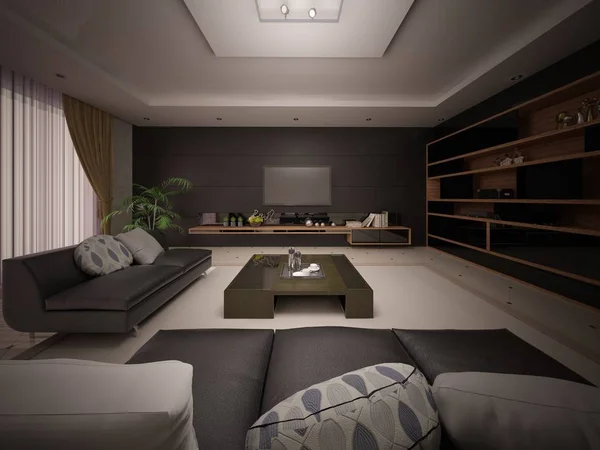 Ruang Tamu Modern Dalam Gaya Minimalisme Dengan Furnitur Fungsional Modern — Stok Foto