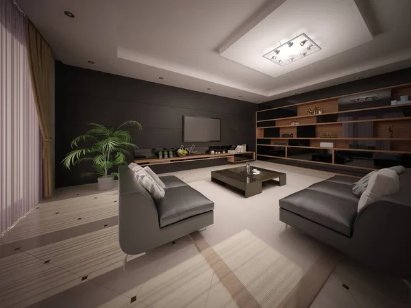 Amplio Salón Estilo Moderno Con Muebles Funcionales Telón Fondo Moda — Foto de Stock
