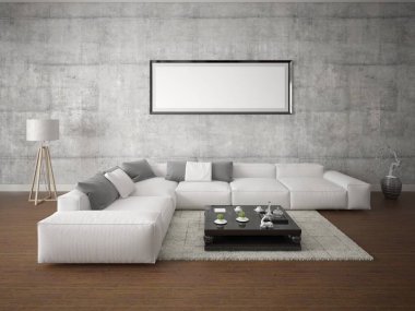 Bir büyük köşe kanepe ve bir şık hipster zemin parlak geniş oturma odası kadar alay.