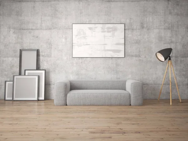Mock Fashionable Living Room Cool Stylish Sofa Original Hipster Backdrop — Stock Photo, Image