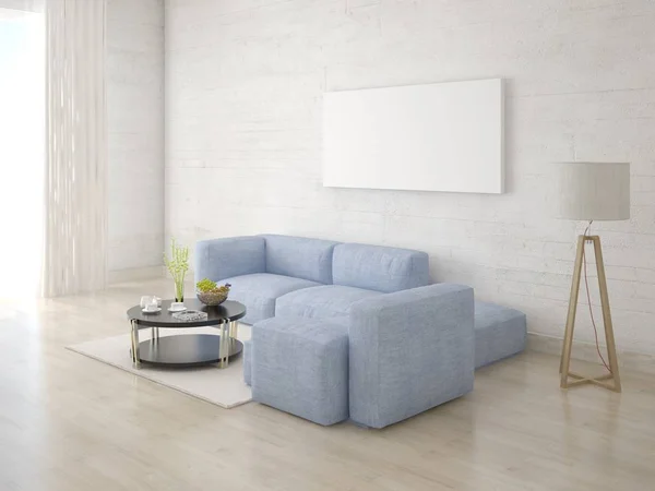 Mock up bright living room with a blue corner sofa and hipster backdrop.