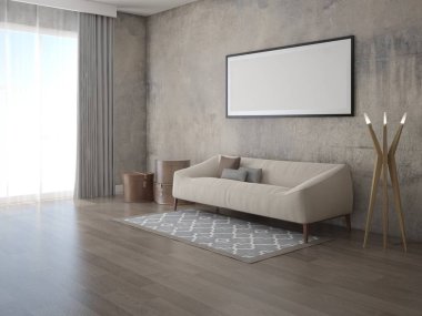 Modaya uygun bir ışık kanepe ve özgün bir hipster zemin ile şık bir oturma odası kadar alay.