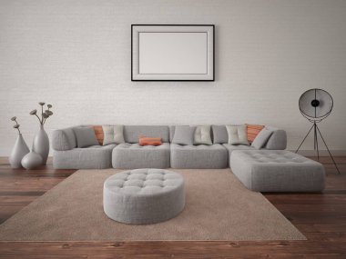 Modern oturma odası büyük köşe kanepe ve tuğla duvar arka plan ile alay.