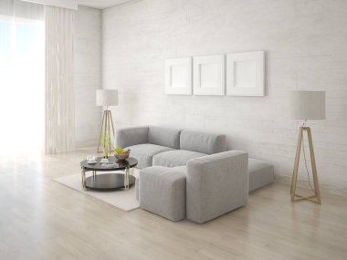 Gri köşe kanepe ve şık hipster zemin ile aydınlık oturma odası kadar alay.