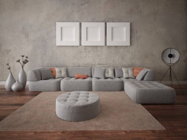 Büyük bir köşe kanepe ve trendy hipster zemin ile geniş bir oturma odası mock.