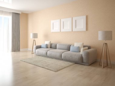 Büyük şık bir kanepe ve bej dekoratif sıva ile modern oturma odası kadar mock.