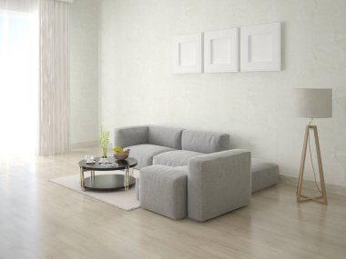 Gri köşeli kanepe ve hafif dekoratif sıva ile hafif oturma odası ile mock up.