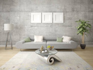 Kompakt rahat kanepe ve gri hipster arka plan ile parlak oturma odası kadar mock.