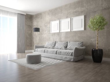 Büyük rahat bir kanepe ve şık bir hipster arka plan ile şık bir oturma odası kadar mock.