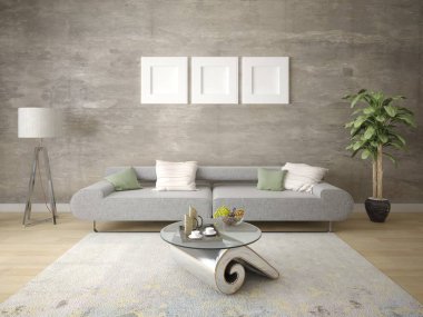 Şık kompakt kanepe ve şık bir hipster arka plan ile mükemmel bir oturma odası kadar mock.