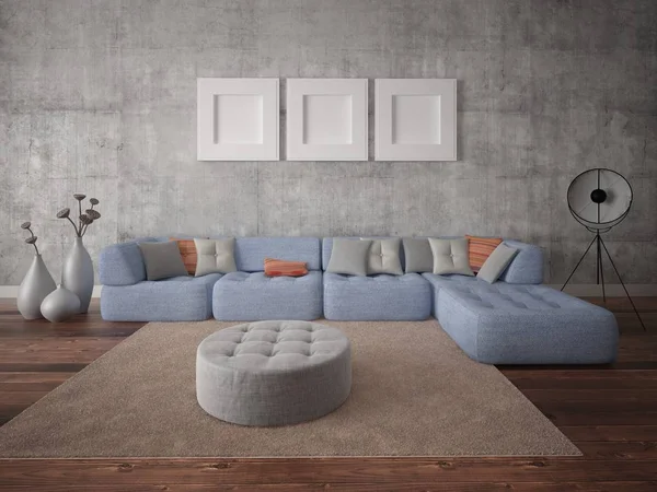 Mock Bright Living Room Original Corner Sofa Stylish Hipster Backdrop — Stock Photo, Image