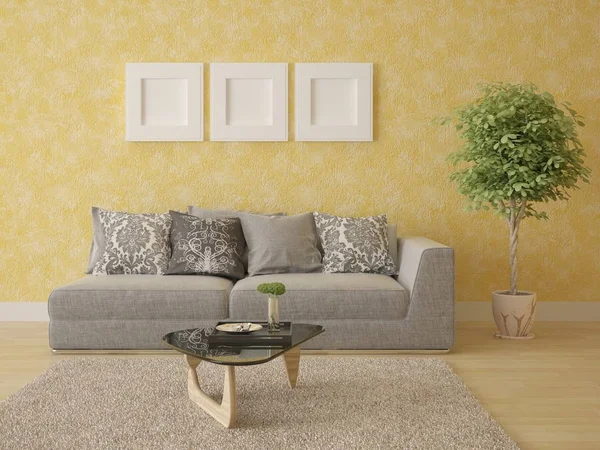 Mock Brilhante Sala Estar Com Sofá Confortável Compacto Gesso Decorativo — Fotografia de Stock