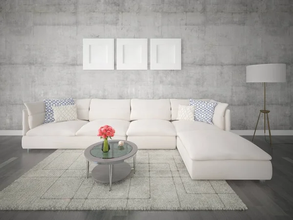 Mock up in a stylish living room with a bright corner sofa and a trendy hipster backdrop.