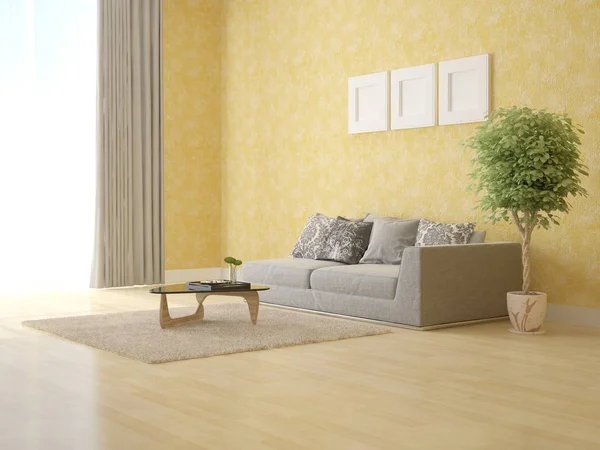 Mock Sala Estar Brilhante Com Sofá Confortável Compacto Gesso Decorativo — Fotografia de Stock
