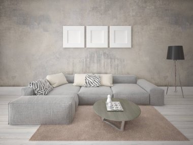 Mock up büyük bir köşe kanepe ve trendy hipster zemin ile şık bir geniş oturma odası.