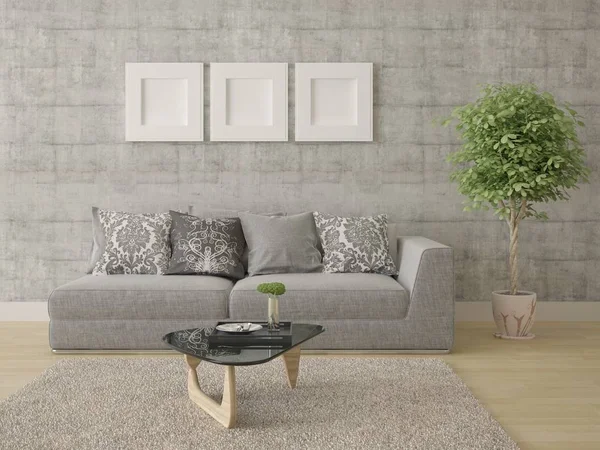 Kompaktes Wohnzimmer Mit Stylischem Modernem Sofa Und Trendiger Hipster Kulisse — Stockfoto