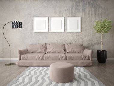 Koyu bej kanepe ve şık bir hipster arka plan ile geniş bir oturma odası kadar mock.