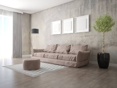 Büyük konforlu kanepe ve şık hipster arka plan ile modern oturma odası kadar mock.