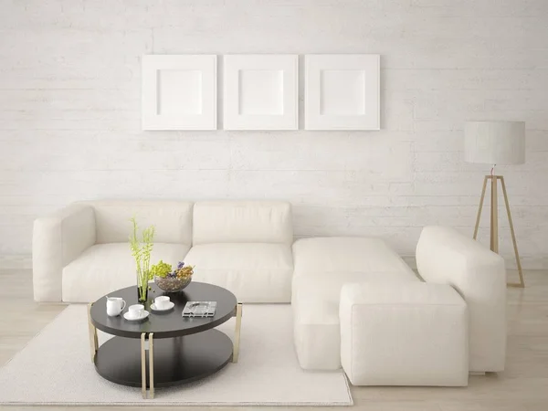 Mock up a perfect living room with a bright corner sofa and a trendy hipster backdrop.