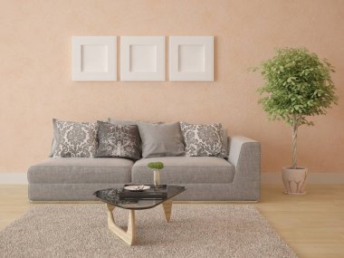 Şık bir orijinal kanepe ve mükemmel dekoratif sıva ile modern bir oturma odası kadar mock.