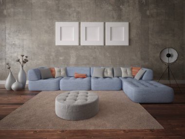 Şık bir köşe kanepe ve şık hipster arka plan ile geniş bir oturma odası kadar mock.