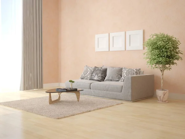 Mock up a bright living room with an original comfortable sofa and fashionable decorative plaster.