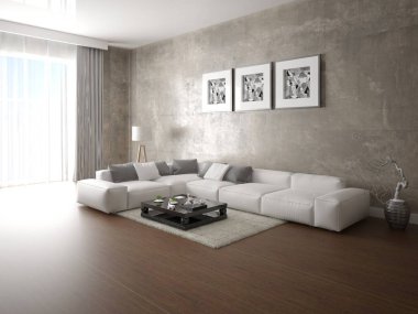 Şık parlak köşe kanepe ve şık hipster arka plan ile geniş bir oturma odası kadar mock.