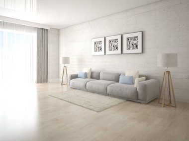 Büyük rahat bir kanepe ve trendy hipster arka plan ile parlak bir oturma odası kadar mock.