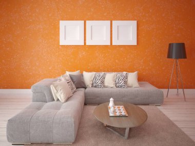 Orijinal köşe kanepe ve şık dekoratif alçı ile şık bir oturma odası kadar mock.