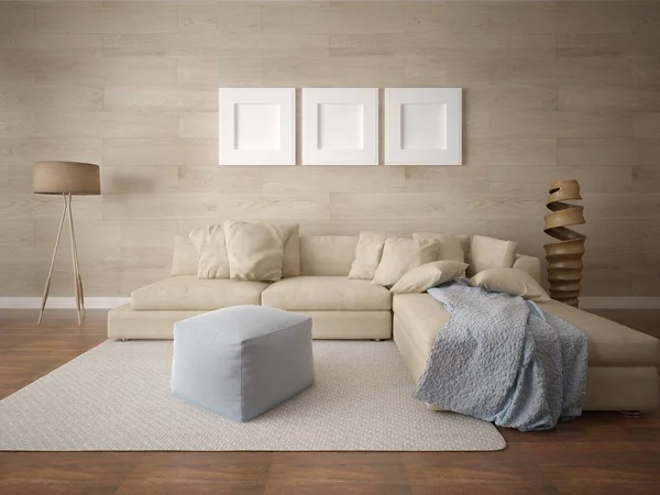 Mükemmel bir oturma odası ve büyük parlak köşe kanepe ve şık hipster fon kadar mock.