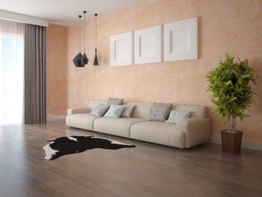 Şık, orijinal kanepe ve trendy dekoratif sıva ile mükemmel oturma odası kadar mock.